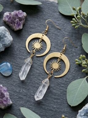 Gold Celestial Crescent Moon Sun Raw Clear Quartz Crystal Dangle Drop Earrings